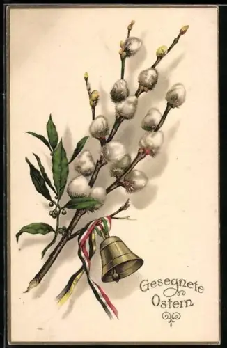 AK Ostergruss mit Weidenkätzchen und Bändern des Zweibundes