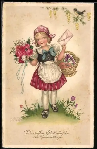 Künstler-AK Hannes Petersen: Mädchen trägt Blumen und einen Korb mit Geschenken