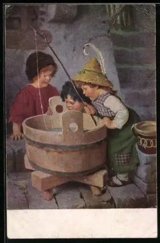 Künstler-AK Hermann Kaulbach: Kinder fischen in einem Bottich