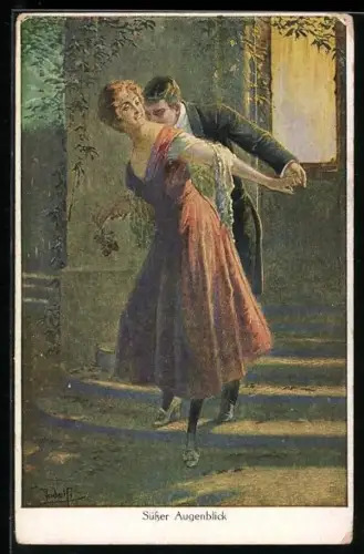 Künstler-AK Adolf (Jodolfi): Liebespaar turtelt vor dem Haus