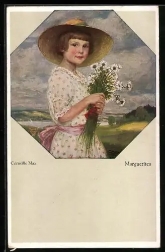 Künstler-AK Corneille Max: Margueriten, Mädchen im Sommerkleid mit einem Strauss Margueriten