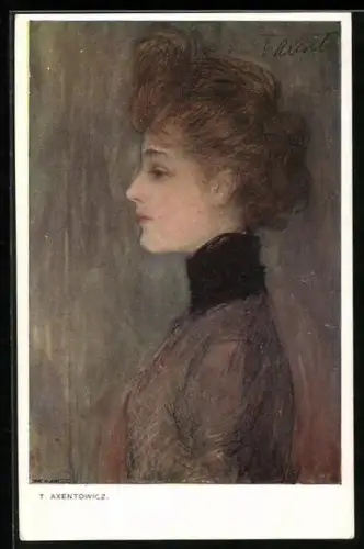 Künstler-AK Teodor Axentowicz: Schöne junge Frau im Profil portraitiert
