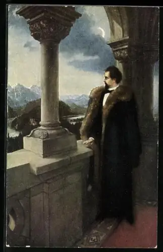 AK König Ludwig II. von Bayern im Mantel schaut vom Balkon hinab