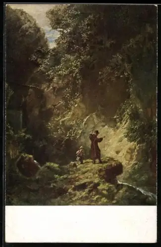 Künstler-AK Carl Spitzweg: Forellenbach, Angler steht am Ufer