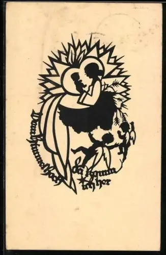 Künstler-AK sign. A. M. Schwindt: Mutter mit Neugeborenem und Feen, Scherenschnitt