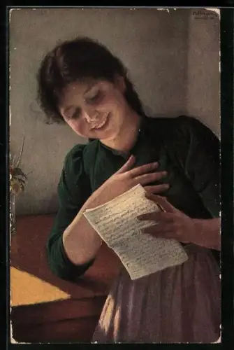 Künstler-AK Degi Nr. 419: verlegenes Mädchen liest einen Liebesbrief