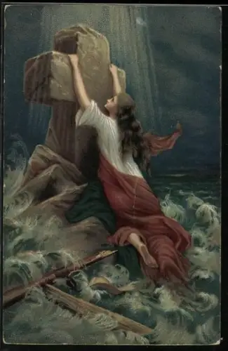 AK Frau hängt sich an ein Kreuz im Wasser, Gottvertrauen