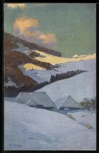 Künstler-AK Fritz Reiss: Winter im Schwarzwald mit Blick auf die Berge