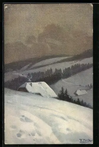 Künstler-AK Fritz Reiss: Blick auf Schwarzwaldhaus im Schnee