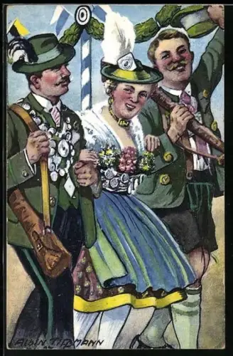 AK Frau und zwei Schützen in Tracht