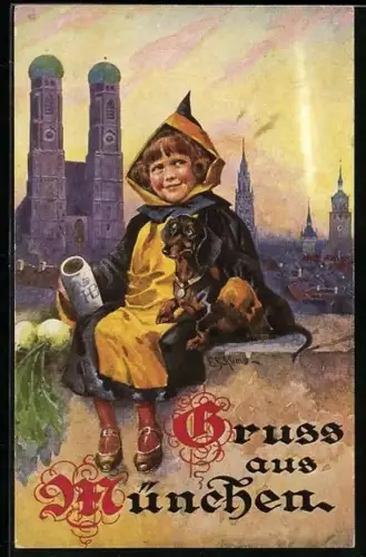 Künstler-AK Ernst Schlemo: Münchner Kindl mit Dackel, Blick zur Frauenkirche