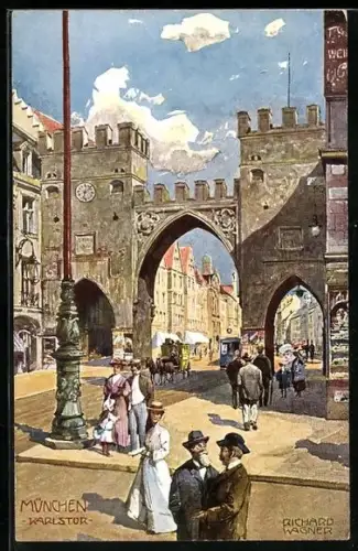 Künstler-AK Richard Wagner: München, Partie am Karlstor, Strassenbahn