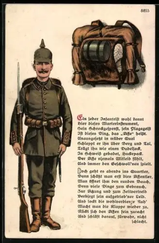 Künstler-AK Bruno Bürger & Ottillie Nr. 8855: Wohl jeder Stoppelhopfer kennt..., Affe-Tornister, Infanterist