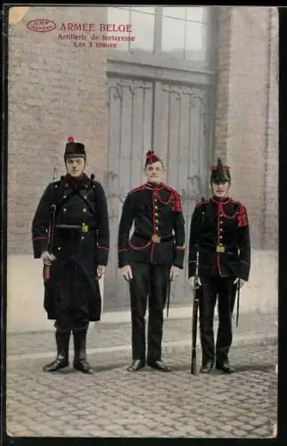 AK Armée Belge, Artillerie de forteresse, Les 3 tenues, belgische Artilleriesoldaten