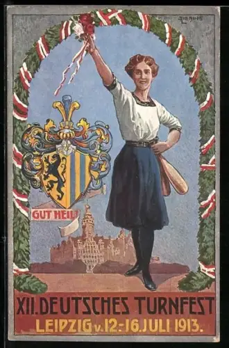 Künstler-AK Leipzig, XII. Deutsches Turnfest 1913, Turnerin mit Keulen