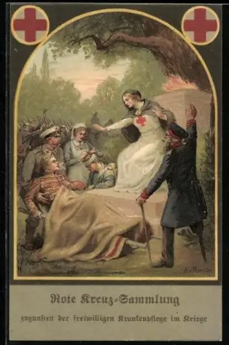 Künstler-AK Rot Kreuz Sanitäter & Schwester, Verwundeter Husar auf Trage liegend