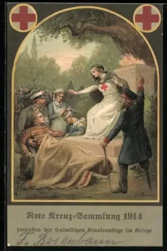 Künstler-AK Rot Kreuz Sanitäter & Schwester, Verwundeter Husar auf Trage liegend