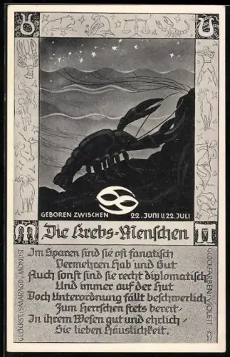AK Das Sternzeichen Krebs mit einem Abbild des Krebses, kurze Charakteresierung