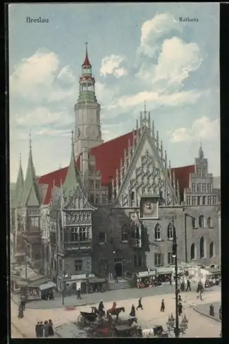 AK Breslau, Rathaus Aussenansicht mit Ständen und Pferdekutschen davor