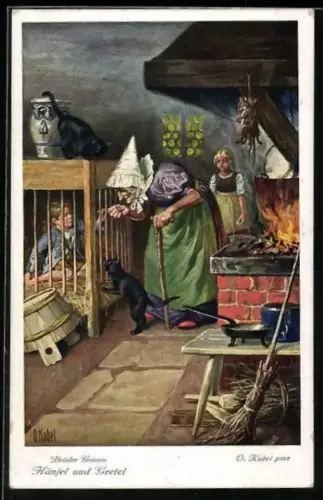 Künstler-AK Otto Kubel: Hänsel hält der Hexe aus seinem Gefängnis einen Hühnerknochen hin, Gretel observiert die Hexe