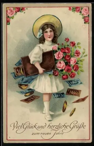AK Mädchen gratuliert mit Blumen und Geldscheinen zum neuen Jahr, Viel Glück und herzliche Grüsse!