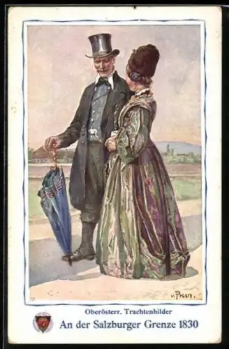 AK Deutscher Schulverein NR. 277: Pärchen in Salzburger Tracht bei einem Spaziergang 1830