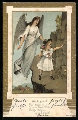 Lithographie Schutzengel behütet ein Mädchen am Abgrund