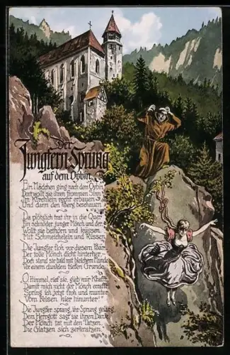 AK Oybin, Der Jungfern-Sprung, Mönch beobachtet Haare raufend den Sprung der Jungfer vom Berg