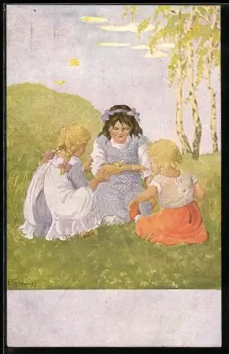 Künstler-AK Franziska Schenkel: Mädchen mit einem Schmetterling auf einer Wiese