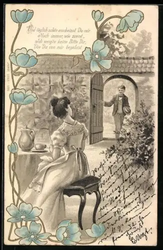 Lithographie Junge Dame empfängt einen Herrn, Mohnblumen, Jugendstil