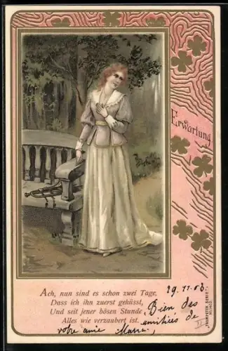 Lithographie Erwartung, Junge Dame neben einer Bank mit Trompete, Trompeter-Serie, Behüt Dich Gott!