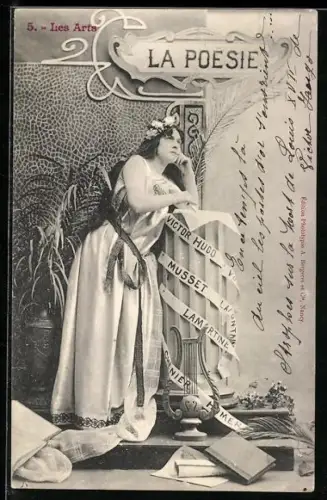 AK Junge Dame steht sinnierend an einer Säule, Verkörperung der Poesie, Les Arts