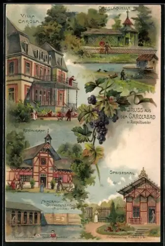 Lithographie Rappoltsweiler, Villa Carola, Carolaquelle, Restaurant, Speisesaal