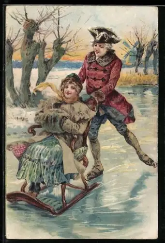 AK Januar, Mann auf Schlittschuhen schiebt den Schlitten seiner Liebsten