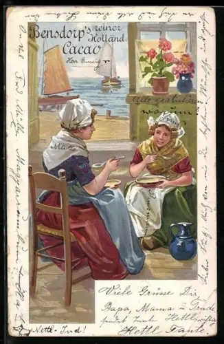 AK Niederländerinnen bei der Mittagsmahlzeit, Reklame für Bensdorp`s reiner holländ. Kakao