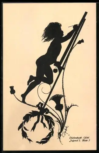 Künstler-AK Diefenbach: Schattenbild, nackter Junge malt an einer Staffelei auf einer Blume stehend