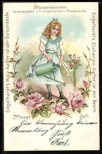 AK Mädchen giesst die Rosen im Garten, Reklame für Engelhardt`s Malz- u. Cichorien-Kaffee, Monatskarte Juli