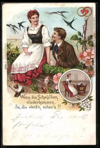 Lithographie Verliebtes Paar freut sich auf den Nachwuchs, Wenn die Schwalben wiederkommen, die werd`n schau`n!