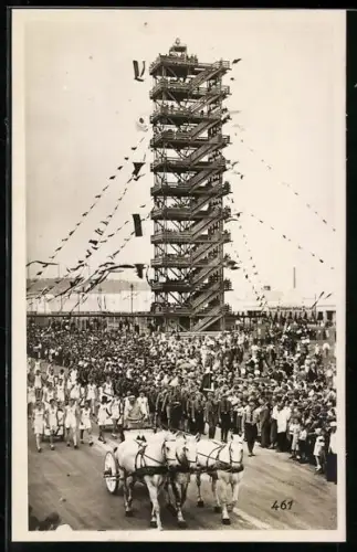 AK Stuttgart, 15. Deutsches Turnfest 1933, Flaggenturm, HJ und Tuner bei Parade, römischer Streitwagen