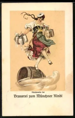AK Brauerei zum Münchner Kindl, Frau mit Bierkrügen tanzt auf Fass