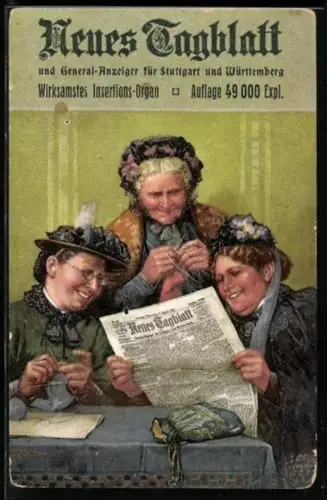 Künstler-AK Stuttgart, Neues Tagblatt, strickende Frauen lesen vergnügt Zeitung