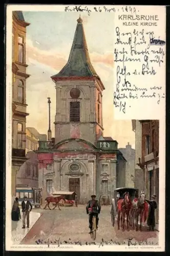 Künstler-AK Heinrich Kley: Karlsruhe, Kleine Kirche, Pferdekutsche, Fahrrad
