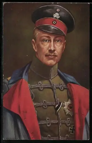 Künstler-AK Porträt Kronprinz Wilhelm von Preussen in Husarenuniform mit Schirmmütze