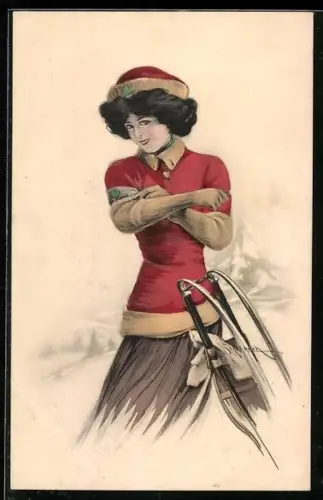 Künstler-AK sign. Schilbach: Schönheit in Winterkleidung mit Schlitten