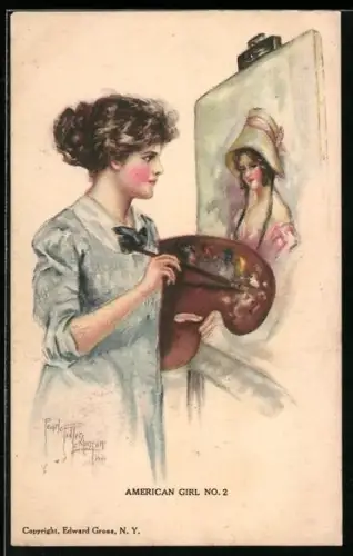 Künstler-AK Pearle Fidler Le Munyan: American Girl No.2, Frau mit Pinsel an der Leinwand