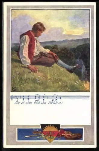 Künstler-AK Karl Friedrich Gsur: Deutscher Schulverein Nr. 371: Lied: In einem kühlen Grunde, Mann sitzt auf einem Hügel
