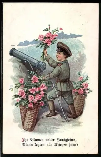 AK Die Blumen sind ja Liebesworte..., Soldat in Uniform mit Geschütz und Blumen
