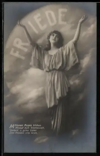 AK Friedensbewegung, Mädchen streckt die Arme empor, Friedensvers