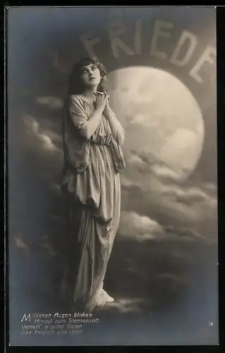 AK Frau steht mit gefalteten Händen vor Wolken und Planeten, über dem Friede zu lesen ist, Friedensbewegung