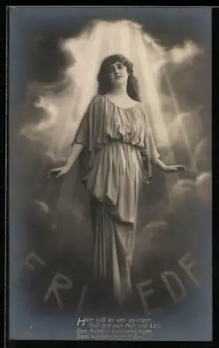 AK Frau steht im die Wolken durchbrechenden Licht, unter ihr das Wort Friede, Friedensbewegung